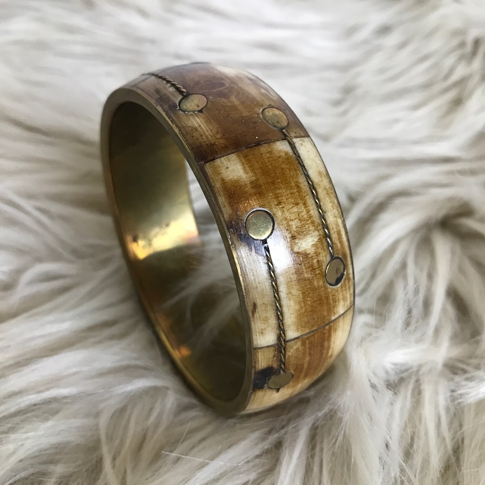 Gold Detailed and Carved Bone Chunky Bracelet